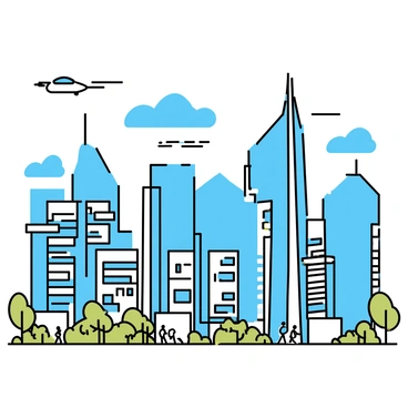 A futuristic cityscape featuring a skyline filled with sleek, tall buildings made of glass and metal. The buildings have sharp angles and are interconnected with aerial walkways. Flying cars zip through the air, leaving trails of light behind them. The scene is set during the day, with a clear blue sky and a few fluffy white clouds. Below, there are green spaces and parks interspersed among the structures, with people walking and enjoying their surroundings.