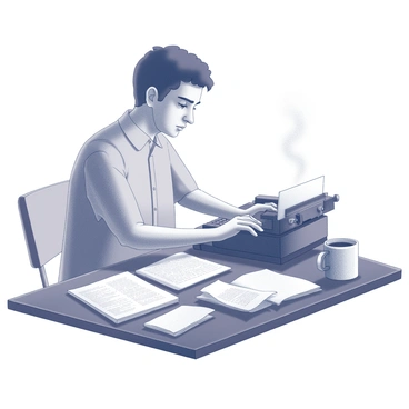 A writer is seated at a wooden desk, focused on typing on an old typewriter. The writer has an intent expression, with their brow slightly furrowed. A steaming cup of coffee sits on the desk to the right of the typewriter, emitting wisps of steam into the air. Papers are scattered around the workspace, some neatly stacked and others crumpled, indicating a flurry of creativity. A dim light source illuminates the scene, casting shadows that enhance the atmosphere of concentration. The writer's fingers are poised over the keys, ready to bring their thoughts to life.