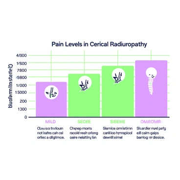 A detailed chart illustrating different levels of pain and discomfort associated with cervical radiculopathy is displayed prominently. The chart is divided into sections, each labeled with a different level of pain intensity from mild to severe. Each section features a corresponding icon representing a specific symptom or discomfort, such as a neck silhouette with arrows indicating nerve pain. The background of the chart is blank, emphasizing the colorful representation of pain levels, and there are clear grid lines to enhance readability. In the top corner, the title "Pain Levels in Cervical Radiculopathy" is presented in bold, clear text. Alongside the chart, there are brief descriptions listing common symptoms associated with each pain level.