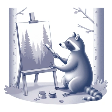 A raccoon is sitting at an easel, focused intently on painting. The easel holds a canvas depicting a landscape filled with trees and foliage. The raccoon is using a brush held in its paw, with a few paint pots beside it, showcasing different shades. The background features various elements of the forest, including tall trees with textured bark and scattered leaves on the ground, creating a natural setting. There are hints of wildlife subtly integrated into the scene, adding more depth to the forest ambiance.