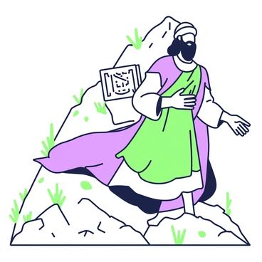 Moses is descending from a rocky slope of Mount Sinai. He has a long beard, wearing simple, flowing robes that drape around him. In his hands, he is carrying two stone tablets, prominently displaying the "Ten Commandments." The tablets have a textured surface, and he holds them close to his chest. The mountain is rugged and steep, with scattered boulders, and a few sparse shrubs dot the landscape. The sky above is clear, and the sunlight casts shadows around him, highlighting the significance of his descent.