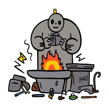 A golem working at a forge, shaping metal with its powerful hands.