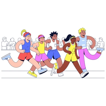 A group of runners in colorful athletic attire racing forward. Their expressions are filled with "determination" and "aggression" as they push themselves to their limits. Each runner has a unique hairstyle, some with short hair and others with ponytails. The runners are positioned in various stages of motion, with some leaning forward while others are mid-stride, showcasing the intensity of the race. The background is a simple depiction of a race track with faint outlines of spectators in the distance.
