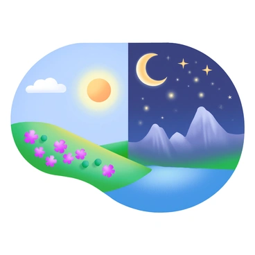 A landscape divided into two distinct sections. On the left side, there is a bright "sunny sky" with a vibrant "yellow sun" shining down on a "green field" with blooming flowers. There are a few "fluffy white clouds" scattered across the blue sky. On the right side, a "starry sky" filled with twinkling stars and a glowing "crescent moon" illuminates a "dark blue night" over a peaceful "mountain range." A calm "river" reflects the stars and moonlight, creating a serene transition between day and night.