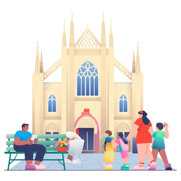 The majestic "Palma Cathedral" stands tall in the background, showcasing its intricate Gothic architecture with large stained glass windows and pointed arches. In the foreground, a diverse group of people is walking by on a cobblestone street, some stopping to admire the cathedral. A woman in a red dress is taking a photo, while two children are holding hands, gazing up at the structure. To the left, a man in a blue shirt is sitting on a bench, reading a newspaper. Colorful flowers in window boxes add vibrancy to the scene, complementing the warm sunlight bathing the area.