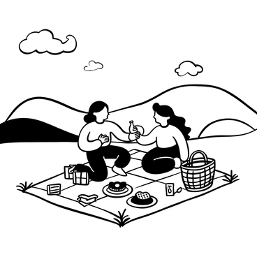 A picnic blanket spread out on a hilltop with two sisters sitting on it. The sisters are surrounded by various picnic items, such as a wicker basket filled with food, a bottle of water, and plates with sandwiches. In the background, there are rolling hills extending into the distance, creating a scenic view. One sister is pouring water into a glass, while the other is reaching for a sandwich. Wispy clouds drift across the sky above them.