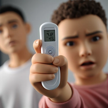 A hand with light skin color is gripping a digital thermometer. The thermometer is displaying a high temperature reading. In the background, an unseen person is partially visible, showing a feverish expression on their face. Their forehead is slightly furrowed, and their eyes appear tired and weary. The setting suggests a home environment, with soft lighting that emphasizes the seriousness of their condition. The overall focus is on the hand holding the thermometer and the implied concern for the unseen individual.