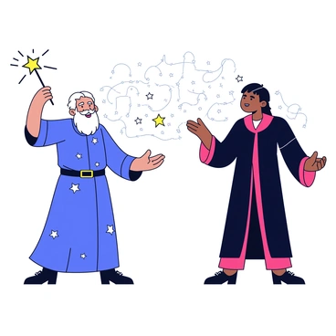 A wizard named "Merlin" stands confidently on the left side of the image, wearing a long flowing blue robe adorned with silver stars. His beard is long and white, and he holds a wand raised high, from which bright sparks are emanating. Opposite him, there is another wizard dressed in a dark robe with red accents, casting a spell with both hands outstretched. Magical energy swirls between the two wizards, creating an intense atmosphere. In the background, there are faint outlines of trees and a night sky filled with stars.