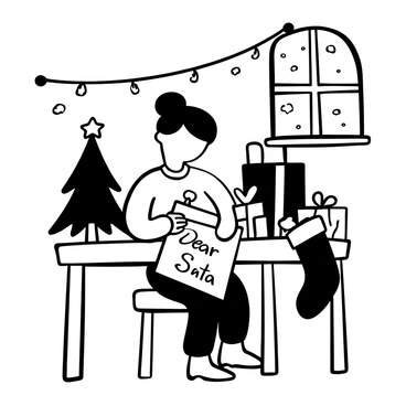 A child writing a letter to Santa at a small desk with Christmas decorations