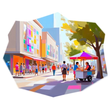 A vibrant city street scene featuring several colorful buildings with varied architectural styles, such as modern glass facades and classic brick structures. The walls of the buildings are adorned with numerous examples of street art, showcasing vivid murals and graffiti. People are walking along the sidewalk, some stopping to admire the art, while others are engaged in conversation. A street vendor is selling snacks from a small cart, surrounded by customers. In the background, trees are lining the street, adding a touch of greenery to the lively urban atmosphere.