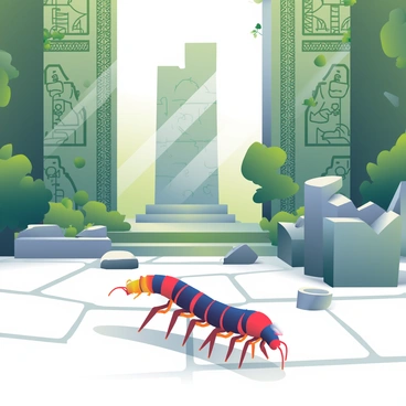 A centipede exploring among the ancient ruins of a temple