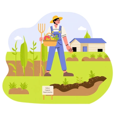 A farmer wearing a straw hat stands in a vibrant green field surrounded by rows of crops in different stages of growth. One section shows mature corn plants, while another features freshly tilled soil with young vegetable sprouts. The farmer is holding a wooden pitchfork and a basket filled with organic compost, displaying rich brown soil and vegetable scraps. A small sign nearby reads "Sustainable Practices". In the background, a blue sky with fluffy white clouds contrasts against the greenery, and a wooden shed is visible, adding to the rural landscape.