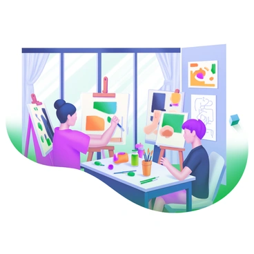 A modern pastel illustration of an art space within an office. Several employees are engaged in creative activities such as painting on easels and crafting with colorful materials. One employee is applying vibrant colors to a canvas, while another is sculpting with clay. Nearby, a table is filled with paintbrushes, jars of paint, and various crafting supplies. The walls are adorned with completed artworks and sketches, showcasing a lively and creative atmosphere. Natural light filters through large windows, illuminating the space, creating a welcoming environment for artistic expression.