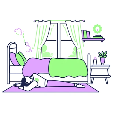 A cozy bedroom is softly illuminated with warm light. On one side, there is a neatly made bed with fluffy pillows and a warm blanket. A person is lying on a yoga mat on the floor, performing pelvic floor exercises. The individual is dressed in comfortable sleepwear. Next to the mat, a small bedside table holds a glass of water and a lit candle, adding to the tranquil atmosphere. A bookshelf in the background contains neatly arranged books and a small potted plant. A window is slightly opened, allowing a gentle breeze to flow through, and soft curtains sway lightly.