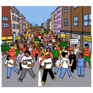A long procession of diverse individuals marching through busy city streets. People of various ages and ethnicities are holding colorful signs with bold letters that read "Equality" and "Justice" prominently displayed. The crowd is showing a sense of unity and determination, with some individuals wearing T-shirts with slogans. Tall buildings and bustling shops line the streets, while a blue sky is visible above. The energy of the march is palpable as people walk together in solidarity.