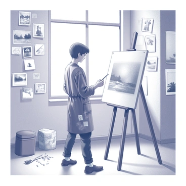 An artist stands in a spacious studio, engaged in the creative process. The artist has short hair and wears a paint-splattered smock. They hold a pencil in one hand while focusing on a canvas set on an easel. Surrounding them, numerous sketches are taped to the walls, showcasing a variety of subjects. Some sketches depict human figures, while others illustrate landscapes. The floor is scattered with crumpled papers and brushes. A large window allows natural light to flood the room, illuminating the vibrant energy of the creative space.