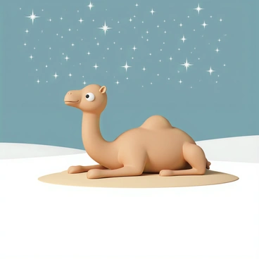 A camels, with a sandy brown coat and long legs, is resting on a patch of soft sand. Its large eyes are half-closed, and it has its head slightly tilted to one side. Above, the sky is filled with countless twinkling stars, casting a gentle light over the scene. The stars are bright and scattered, creating a beautiful backdrop. The air appears still and peaceful, enhancing the serene atmosphere of the nighttime desert.