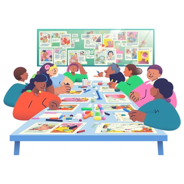 A large table is crowded with students of various ethnicities and genders, all focused on creating comic strips. Each student is engaged in different activities; one is sketching with a pencil, another is inking lines with a black marker, and a third is coloring with vibrant markers. The table is covered with sheets of paper featuring dynamic panels, each filled with illustrations of characters in action. Speech bubbles with text are scattered across the comic strips, showcasing different dialogues. Various art supplies, such as colored pencils, erasers, and glue sticks, are spread across the table, adding to the creative atmosphere. In the background, a bulletin board displays colorful comic strips created by other students, fueling inspiration.