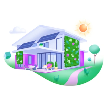 A modern eco-friendly house with large windows and a sleek design, featuring solar panels on the roof. The exterior is adorned with a vertical garden, showcasing a variety of green plants climbing the walls. The house is surrounded by a manicured lawn with native plants, and there are pathways leading to a small seating area with outdoor furniture. Bright sunlight highlights the vibrant colors of the plants in the vertical garden.