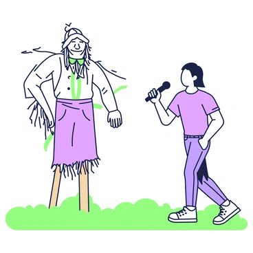 A person is standing in an open field, actively engaged in a confrontation with a scarecrow. The scarecrow is made of straw, dressed in old clothes, and positioned on a wooden stake. The person is holding a microphone in their right hand, and their expression shows determination. They are wearing a casual outfit, consisting of a t-shirt and jeans, with sneakers. The background features a clear sky, and the grass is lush and green, completing the scene of this symbolic battle.