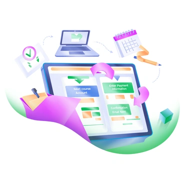 A modern pastel illustration depicting a flow diagram outlining the "Enrollment Process for an Online Course." The diagram features various boxes connected by arrows. Each box contains text such as "Visit Course Website," "Select Course," "Create Account," "Enter Payment Information," and "Confirmation Email Sent." Surrounding the diagram are icons representing a computer, a check mark, a pencil, and a calendar, emphasizing the online and organizational aspects of the enrollment journey. The overall color scheme includes soft blues, pinks, and greens, creating a harmonious visual.