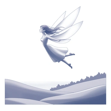 A fairy with delicate wings made of wispy clouds is soaring high in the sky. The fairy has long, flowing hair that dances in the wind, and she is wearing a gown that appears to be made of soft, billowing fabric. Her expression is one of joy as she glides effortlessly above the Earth. Below her, the landscape is filled with rolling hills and lush greenery, creating a stark contrast to the soft textures of her wings. The sky around her is open and expansive, enhancing the sense of height and freedom in the scene.