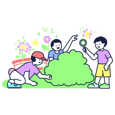 A group of three kids is in a park, actively searching for hidden clues during a scavenger hunt. One child, wearing a red cap, is crouching down near a bush, looking intently at the ground. Another child, in a blue t-shirt, is pointing excitedly towards a tree with a big smile. The third child, dressed in yellow shorts, is holding a magnifying glass and peering closely at a flower. In the background, there are colorful flowers and a park bench, enhancing the playful atmosphere. Each child displays enthusiastic expressions, embodying the excitement of their adventure.