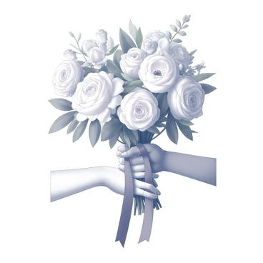 A wedding bouquet held in two hands. The bouquet consists of various flowers with delicate, translucent petals, featuring intricate details on each bloom. The arrangement includes soft pastel flowers, such as roses and peonies, complementing each other with their gentle shapes. Interspersed among the flowers are lush green leaves, adding vibrancy to the composition. The bouquet is elegantly tied together with a satin ribbon that drapes gently down.