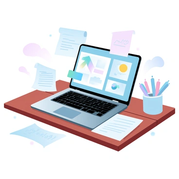 A laptop is placed on a wooden table, showcasing a screen filled with colorful digital illustrations. The illustrations include various graphic designs and vibrant artwork, indicative of an internship report. Surrounding the laptop are scattered sheets of paper, some with sketches and notes, and a neatly organized pen holder filled with colorful pens. The texture of the wooden table is visible, with warm tones reflecting the natural wood grain. Soft lighting enhances the colors of the illustrations on the laptop screen.