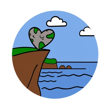 A natural rock formation in the shape of a heart is situated at the edge of a steep cliff. The rock surface is rugged and textured, showcasing shades of grey and brown, with patches of green moss clinging to it. In the background, the sky is a bright blue with a few fluffy white clouds scattered across. Below the cliff, there is a wide view of the ocean, with gentle waves crashing against the rocks. The sunlight casts warm rays, illuminating the heart-shaped formation, making it stand out against the vibrant landscape.