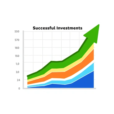 A colorful line graph featuring multiple bright lines, each representing different successful investments. The graph has a grid background with clearly marked axes. The x-axis displays time periods, while the y-axis shows increasing values. The line representing the upward trend is in a vibrant green, rising sharply as it progresses from left to right. Small circles mark significant data points along the line, adding emphasis to the growth. The title of the graph, "Successful Investments," is prominently displayed at the top in bold letters.