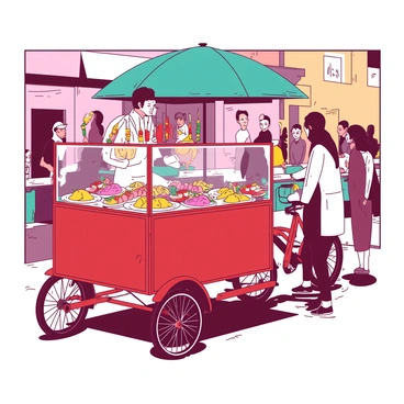 A red cargo bike is parked on a bustling city street, serving as a street food vendor's stand. The back of the cargo bike is equipped with a clear glass display case filled with various snacks, including colorful skewers of grilled vegetables and meat, bright yellow samosas, and vibrant pink desserts. The vendor, wearing a white apron, is actively preparing food, while a small teal umbrella provides shade over the setup. People of diverse backgrounds are gathered around, showing interest in the snacks being offered. The atmosphere is lively, with the sun shining down on the scene, creating a warm ambiance.
