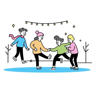 A group of friends having fun ice skating on a frozen pond under twinkling lights