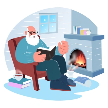 An old man with a long white beard is sitting in a wooden chair, reading a thick book by the warm glow of a flickering candle. He is wearing a knitted sweater and has a pair of glasses resting on his nose. The walls of the cabin are made of rustic logs, and a small window shows snow gently falling outside. A soft, warm rug covers the wooden floor, and a steaming cup of tea sits on a small table beside him. A stack of books and a cozy blanket are nearby, adding to the warmth of the scene. A fireplace can be seen in the background, with a few embers glowing softly.