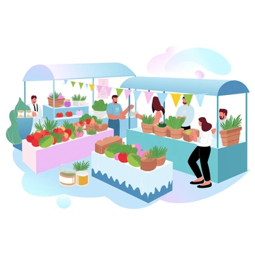 A bustling farmers market filled with various stands showcasing organic produce. Stalls are adorned with colorful fruits and vegetables, including ripe tomatoes, vibrant carrots, and fresh leafy greens, all neatly arranged. Customers are seen inspecting the produce and engaging with vendors who stand behind their tables, offering samples. Some stands feature baskets overflowing with juicy apples and fragrant herbs, while others display jars of homemade jams and honey. Brightly colored banners hang above the stands, adding to the lively atmosphere of the market. Sunlight filters through canopies, casting soft shadows on the ground.