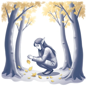 An elf with pointed ears and delicate features is seen among the trees. The elf is dressed in earth-toned clothing, with intricate patterns that reflect the natural surroundings. Her hair is long and flowing, blending harmoniously with the foliage. She is bending down, carefully gathering golden leaves scattered on the forest floor. The woodland is filled with tall trees, their branches adorned with vibrant leaves, creating a natural archway. Sunlight filters through the canopy, casting dappled shadows on the ground. The atmosphere is tranquil, capturing the essence of an autumn day.