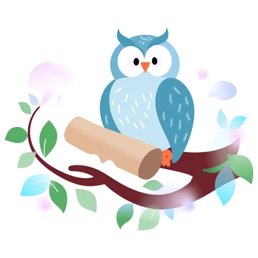 A wise old owl with intricate feather patterns is perched on a sturdy tree branch. The owl has a large, slightly curved body and elegantly shaped wings. In its talons, it holds a scroll that appears ancient, with faded writing visible along its length. Surrounding the branch are lush green leaves, and soft, gradient pastel colors fill the background, enhancing the tranquil atmosphere of the scene.