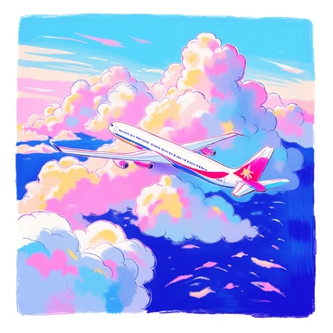 An airplane is soaring through a dense layer of fluffy white clouds, which appear soft and billowy. The clouds are tinged with shades of gray and blue, indicating the presence of an occluded front. The airplane has a sleek design, with its wings extended and contrail trailing behind. The sky around the clouds exhibits a dramatic range of colors, showcasing the transition of the weather. There are hints of turbulence as the clouds swirl and shift, creating an impression of movement and dynamic energy in the atmosphere.