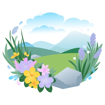 An arrangement of unique plants and flowers found on Mont Ventoux is displayed in a vibrant setting. The foreground features a cluster of colorful wildflowers, including bright yellow and purple blooms, with delicate petals and intricate details. In the background, distinctive green foliage characterizes the landscape, with tall grasses swaying gently. Several rocky outcrops are interspersed throughout the scene, providing a natural texture and contrast. Above, a bright blue sky is painted with soft, fluffy clouds, completing the picturesque view of this diverse flora.