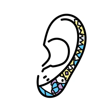 An artistic representation of a human ear decorated with traditional cultural patterns.