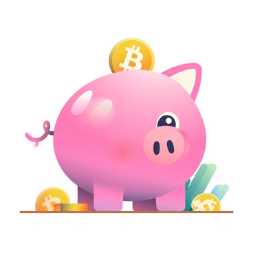 A pink piggy bank with a bitcoin coin slot is sitting on a wooden surface. Surrounding the piggy bank are several shiny gold coins that resemble bitcoins, each clearly displaying the bitcoin symbol. The piggy bank has a glossy finish, reflecting light, and features a cheerful expression with big eyes. There are a few scattered coins around the base, some partially stacked, creating an inviting scene focused on saving and investment.