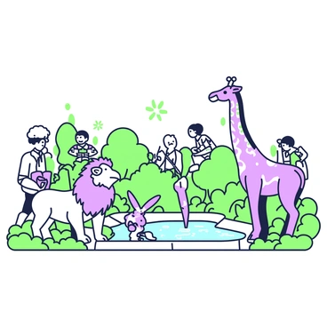 A zoo scene featuring a variety of fantastical creatures in detailed enclosures. On the left, a large creature resembling a hybrid of a lion and parrot stands gracefully, with ornate feathers and a majestic mane. Next to it, a smaller creature with the body of a rabbit and the wings of a butterfly flutters about. In the center, a tall, elegant creature with a long neck resembling a giraffe but adorned with iridescent scales drinks from a shimmering pond. Surrounding all these creatures, lush greenery is visible, with vibrant plants and trees providing a natural habitat. In the background, visitors are observing the creatures, pointing and taking pictures, while some children gaze in awe. 