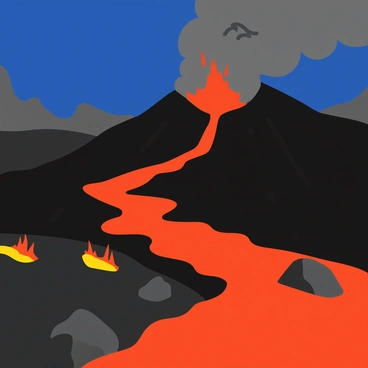 A dramatic scene of a volcanic eruption with bold, flowing rivers of bright orange and red lava cascading down the rocky slopes. The volcano is spewing thick gray smoke and ash into the dark sky, creating a stark contrast against the fiery colors. Jagged rocks and glowing embers are visible in the foreground, while the distant landscape is illuminated by the eruption's glow. The scene captures the intense heat and movement of the lava as it flows into the surrounding terrain, creating a vivid and dynamic display of nature's power.