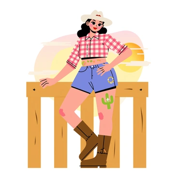 A curvy pin-up girl in a classic cowgirl outfit featuring a plaid shirt tied at the waist and denim shorts. She has a white cowboy hat perched on her head and brown cowboy boots on her feet. Her skin is adorned with various western-themed tattoos, including a cactus, a horseshoe, and a lasso. The girl strikes a confident pose, leaning against a wooden fence, with one hand on her hip and a playful smile on her face. A sunset in the background casts warm orange and pink hues across the scene.