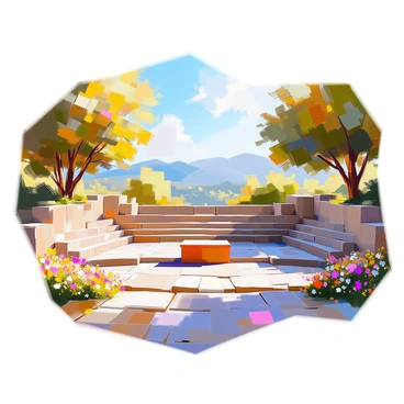 An outdoor amphitheater constructed of weathered stone, featuring tiered seating that forms a semi-circle. The stage is empty, with a wooden podium at the center, framed by lush green trees and colorful wildflowers surrounding the perimeter. Sunlight filters through the branches, casting dappled shadows on the ground. In the background, rolling hills create a gentle backdrop, while a clear blue sky enhances the tranquil atmosphere of the scene.