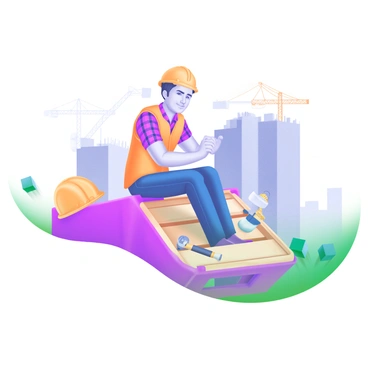 A modern pastel illustration depicting a construction worker sitting on a wooden crate, taking a break. The worker has a hard hat resting beside them and is holding their wrist with a pained expression. They are wearing a bright orange safety vest over a plaid shirt and blue jeans. Tools and construction materials, such as a hammer and a tape measure, are scattered around the crate. The background features a partially constructed building, with scaffolding and construction equipment visible.