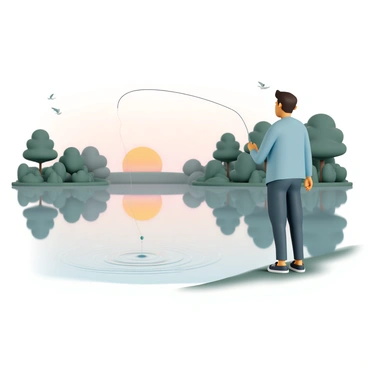 A person, wearing a light blue jacket and dark jeans, is standing on the edge of a tranquil lake. They are casting a fishing line into the still water as the sun begins to rise, creating soft orange and pink hues in the sky. The water reflects the colors of dawn, while gentle ripples form around the bait. Surrounding the lake are lush green trees, their leaves glistening with morning dew. The scene is peaceful, with a few birds flying overhead.