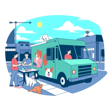 A teal pet grooming truck is parked on a busy city street under a bright blue sky. The truck features large, colorful graphics of happy dogs and cats on its sides. The sun is shining, casting warm light over the scene. Nearby, a small group of pets, including a fluffy white dog and an orange tabby cat, are waiting happily outside the truck. Their owners are chatting with the groomers, who are wearing bright uniforms and smiling as they prepare to pamper the pets. A few colorful grooming tools are visible on a table set up next to the truck, indicating the services available.