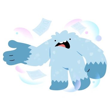 A cartoon monster with a body made of crumpled debt papers and invoices is extending its hand in a handshake gesture. The monster has large, round arms and a wide, inviting stance. Its skin appears textured, resembling the creases of paper, and it has playful patterns across its body. Surrounding the monster are various floating invoices and financial documents, creating a whimsical atmosphere. The colors of the papers are in gradient pastel shades, adding a lighthearted touch to the scene.