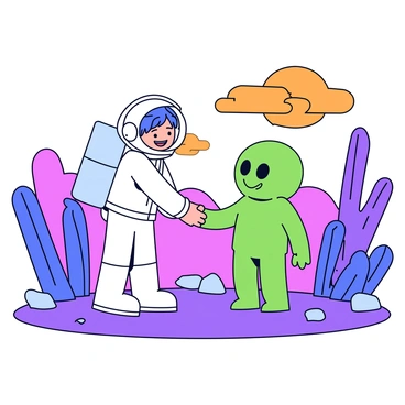 An astronaut in a white space suit is shaking hands with a friendly alien. The alien has a green, round body, large expressive eyes, and a wide smile. The background features a colorful landscape with bright purple hills and a sky filled with swirling orange clouds. There are large, peculiar plants in various shades of blue surrounding them, and small rocks with unusual shapes scattered on the ground.